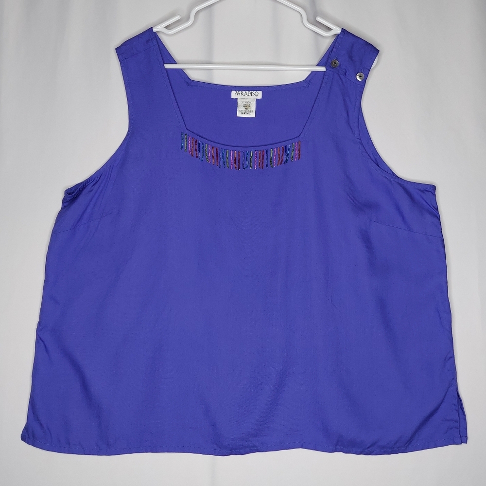 Paradiso 90s Beaded Rainbow Top Women 1X Sleeveless Square Neck Fringe Artsy Vtg